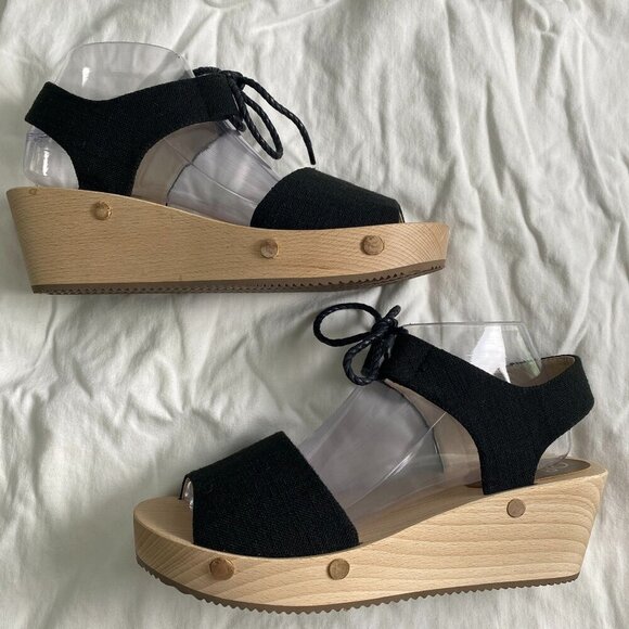 Sedette Sandal Co. Black Canvas & Wood Platform Wedge Retro Sandals Size 9.5 - Picture 1 of 11